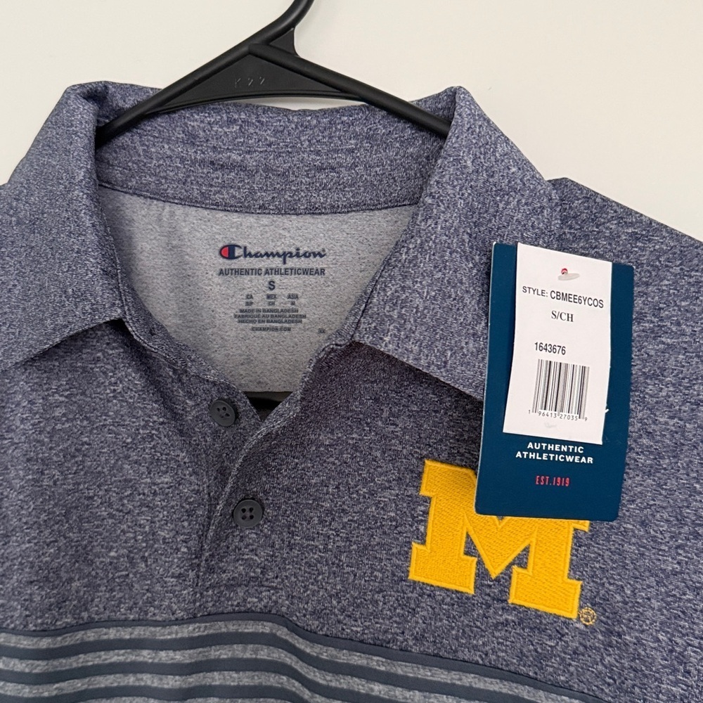 Champion Michigan Wolverines Embroidered Men's Navy Gray Striped Polo Shirt Sz S - Picture 2 of 7